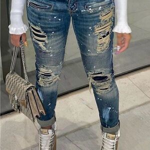 Blue Skinny Jeans with Distressed Design